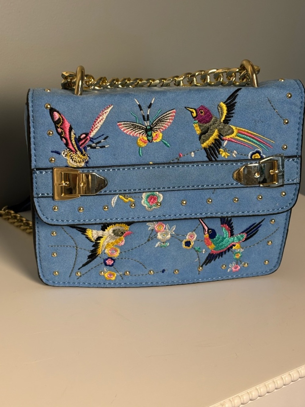 Top Shop Embroidered Blue Crossbody Bag with Gold Chain